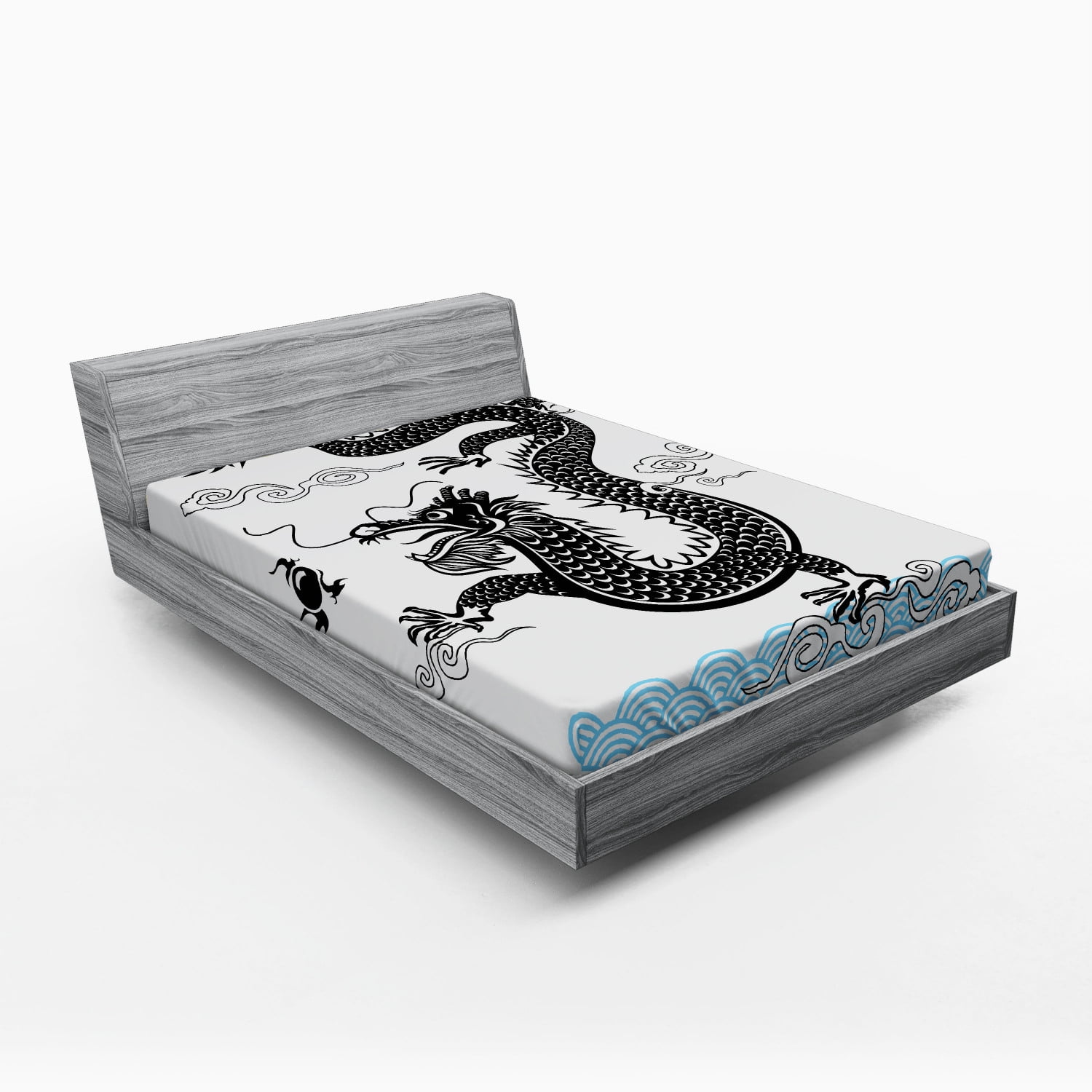 Ambesonne Dragon Fitted Sheet, Traditional Chinese Sea, Queen Size