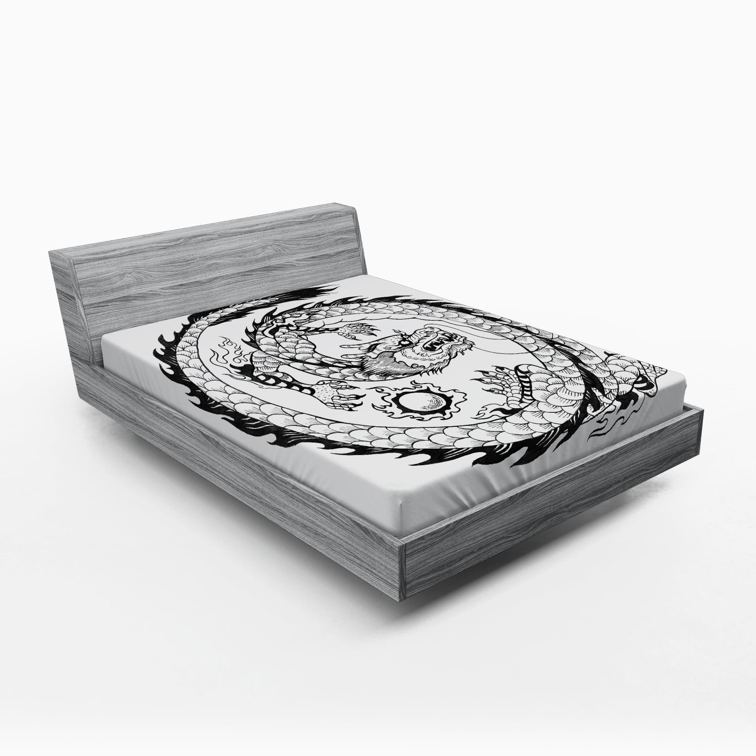 Ambesonne Dragon Fitted Sheet, Japanese, Full Size, White and Black