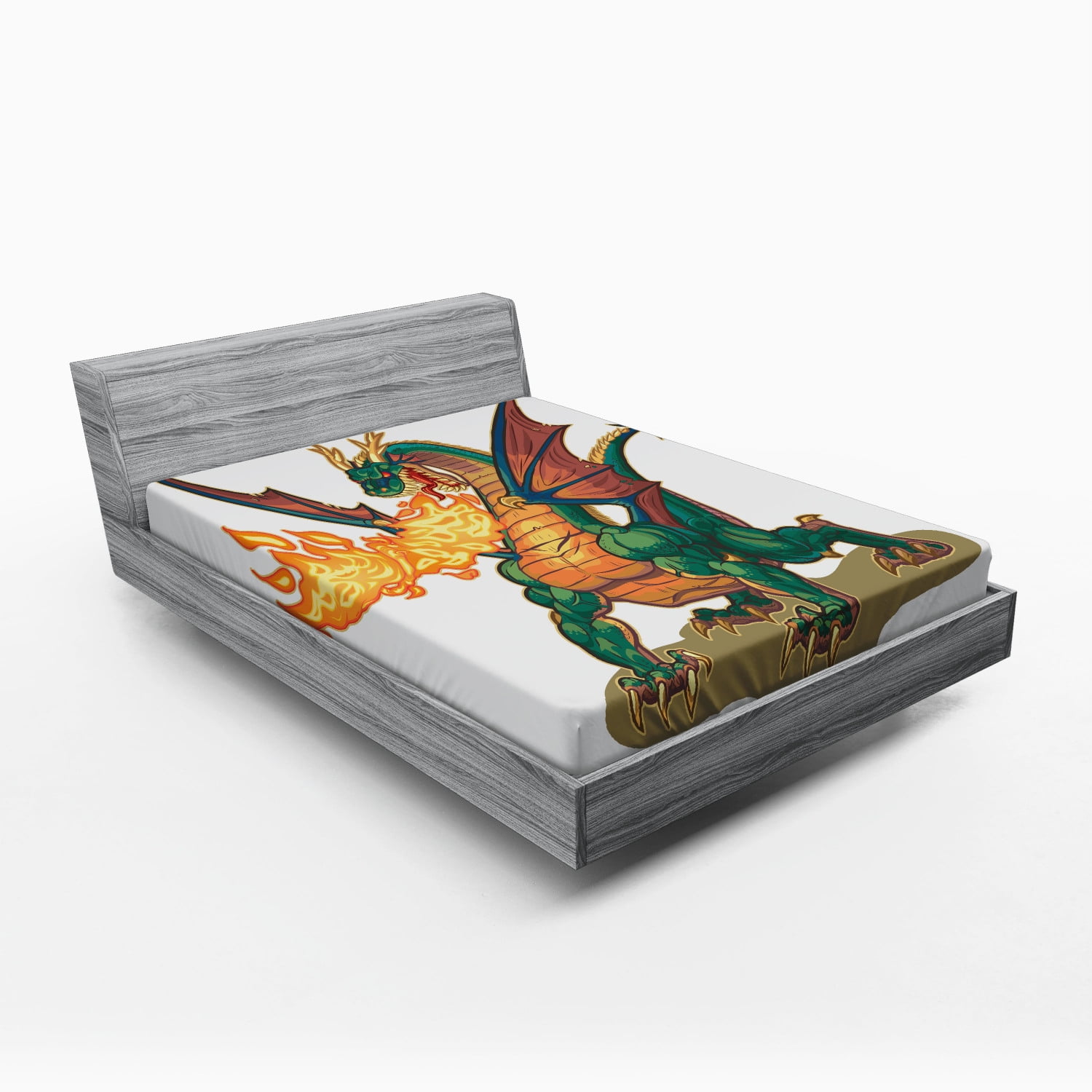 Dragon Fitted Sheet, Mythical Fire Spitting Monster Dreamy Mascot