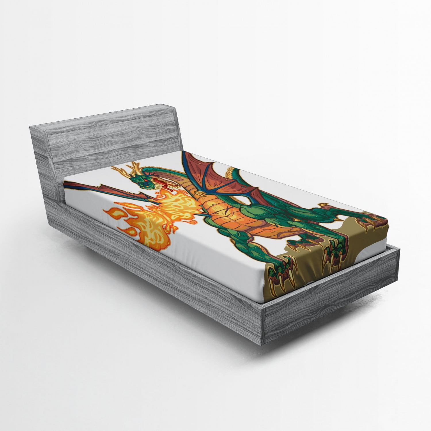 Dragon Fitted Sheet, Mythical Fire Spitting Monster Dreamy Mascot