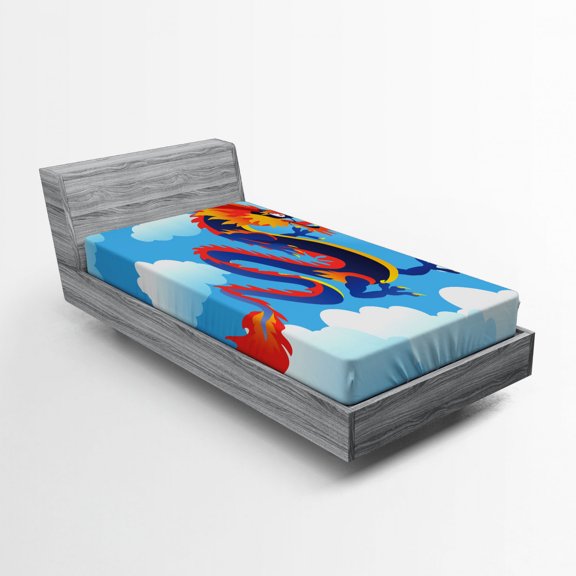 Ambesonne Dragon Fitted Sheet, Surreal Folk Tale Art, Twin XL Size, Sky Blue Orange Indigo