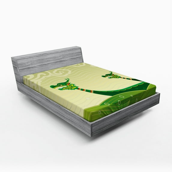 Ambesonne Dragon Fitted Sheet, Tatsu Mythical Animal, Queen Size, Pistachio and Fern Green