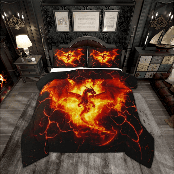 Dragon Flame Comforter Set,Mystic Western Animal Dragon Wings Bedding Set for Teens Adults Room,Volcano Eruption Red Lava Flame 3D Print Quilt Set 3 Pcs with 2 Pillowcases,Queen