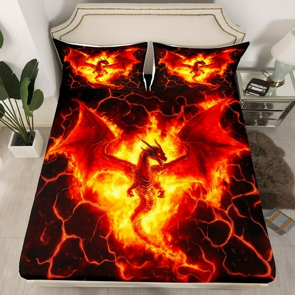 Dragon Flame Fitted Sheet Twin Size,Mystic Western Animal Dragon Wings Bed Sheet with 1 Pillowcase,Volcano Eruption Red Lava Flame 3D Print Soft Decorative Bedding(No Flat Sheet)