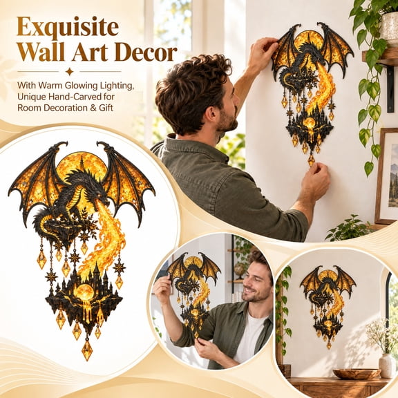 Dragon Flame Glowing Wall Lamp, Mystical Dragon Wall Art with Hanging Crystal Pendant Design, Unique Lighted Accent for Gothic Medieval or Fantasy Themed Rooms