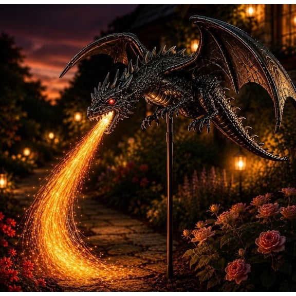 Dragon Flame Solar Light, 2026 New Solar Dragon Fire Garden Light, Fire Breathing Dragon Solar Light with Glowing Fiber Flames, Solar Stake Light with a Warm Glowing, Patio Lawn Flower Bed