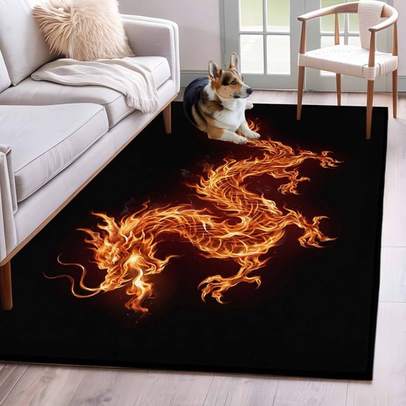 Dragon Flames Area Rug 4x6 Washable Rug Non Slip Orange Dragons Abstract Modern Art Large Area Rug Indoor Floor Carpet for Entryway Bedroom Kitchen Living Room Home Office Dining Room Nursery