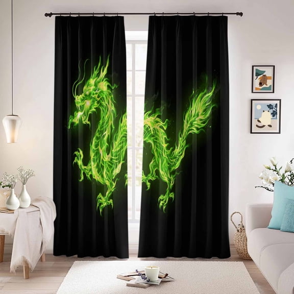Dragon Flames Blackout Curtains for Bedroom/Living Room, Pinch Pleated Black Out Curtains, Green Dragons Abstract Modern Art Room Darkening Window Drapes with Hooks 2 Panels, 59"x70"