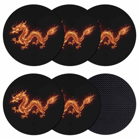 Dragon Flames Coasters Set of 6, Absorbent Coasters for Drinks, Orange Dragons Abstract Modern Art Coaster for Desk Coffee Table Protection, Home Decor House Warming Gifts 4"