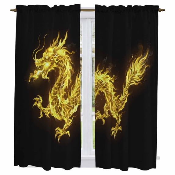 Dragon Flames Kitchen Curtains 63 Inch Length, Yellow Dragons Abstract ...