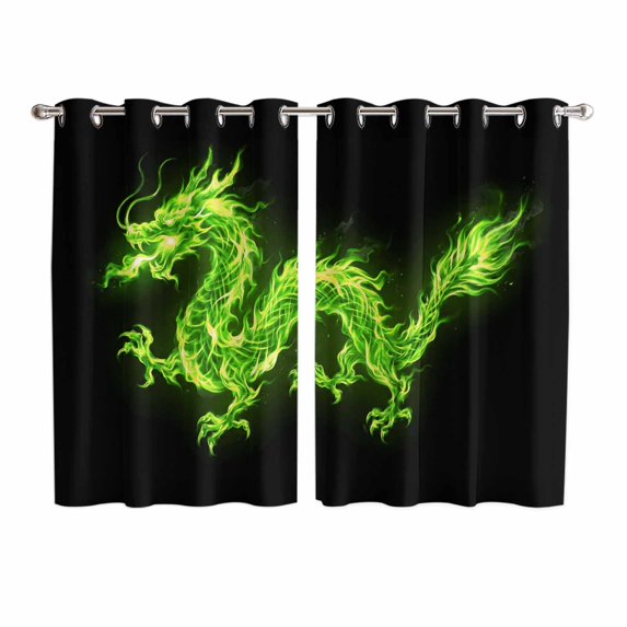 Dragon Flames Kitchen Curtains Window Panels, Green Dragons Abstract Modern Art Insulated Window Treatment Curtain, Grommet Curtains for Bedroom/Living Room/Bathroom, 2 Piece 52"Wx72"L