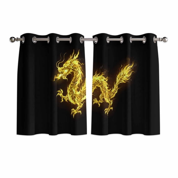 Dragon Flames Kitchen Curtains Window Panels, Yellow Dragons Abstract Modern Art Insulated Window Treatment Curtain, Grommet Curtains for Bedroom/Living Room/Bathroom, 2 Piece 52"Wx45"L
