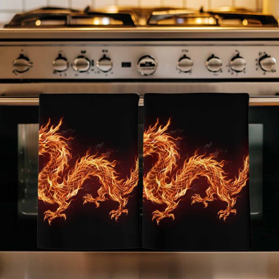 Dragon Flames Kitchen Towels Set of 1, Orange Dragons Abstract Modern Art Absorbent Dish Towels for Kitchen, Microfiber Hand Towel, Quick Drying Tea Towel for Cleaning Decorative Dishcloths