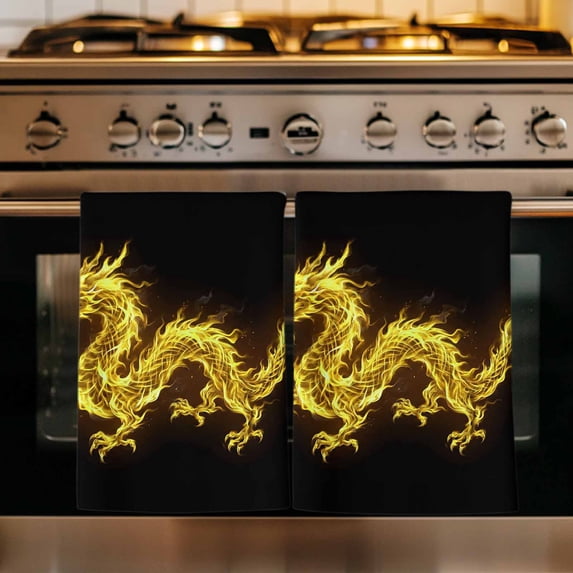 Dragon Flames Kitchen Towels Set of 3, Yellow Dragons Abstract Modern Art Absorbent Dish Towels for Kitchen, Microfiber Hand Towel, Quick Drying Tea Towel for Cleaning Decorative Dishcloths