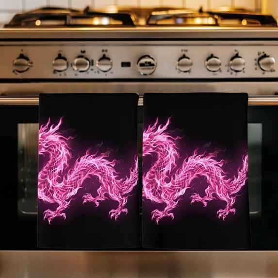 Dragon Flames Kitchen Towels Set of 4, Purple Dragons Abstract Modern Art Absorbent Dish Towels for Kitchen, Microfiber Hand Towel, Quick Drying Tea Towel for Cleaning Decorative Dishcloths