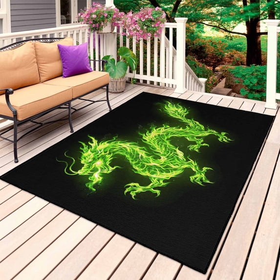 Dragon Flames Outdoor Rug 4x6 Ft, Non Slip Washable Area Rug, Green Dragons Abstract Modern Art Patio Rugs Carpet Runner, Large Floor Mat for Indoor/Outdoor Deck Porch Camping