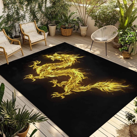 Dragon Flames Outdoor Rug 4x6 Ft - Reversible Patio Rug Outdoor Camping Rugs, Yellow Dragons Abstract Modern Art Washable Indoor Outdoor Area Rugs, Non-Slip Outdoor Carpet Runner for Deck/Porch