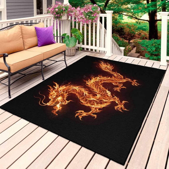 Dragon Flames Outdoor Rug 5x7 Ft, Non Slip Washable Area Rug, Orange Dragons Abstract Modern Art Patio Rugs Carpet Runner, Large Floor Mat for Indoor/Outdoor Deck Porch Camping