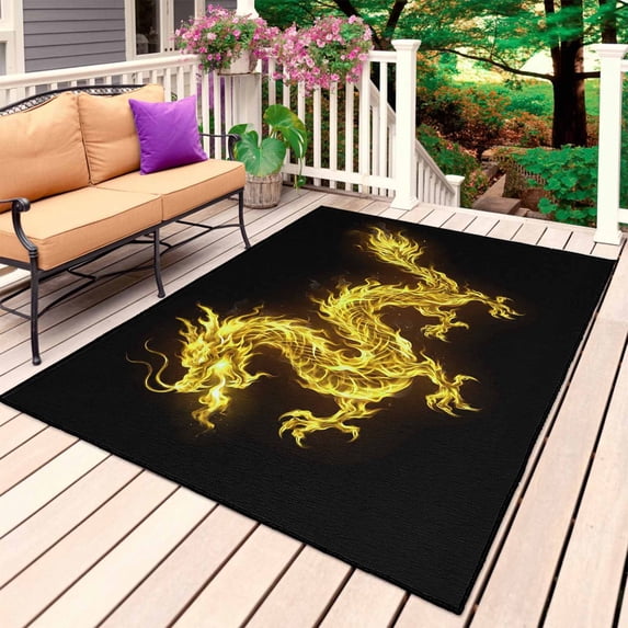 Dragon Flames Outdoor Rug 6x9 Ft, Non Slip Washable Area Rug, Yellow Dragons Abstract Modern Art Patio Rugs Carpet Runner, Large Floor Mat for Indoor/Outdoor Deck Porch Camping