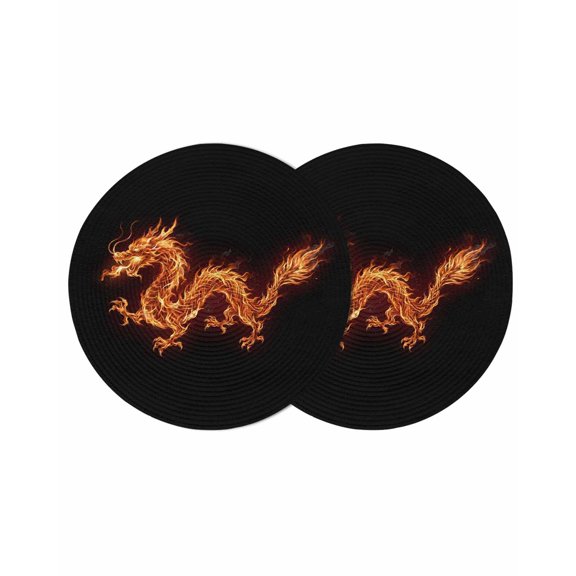 Dragon Flames Round 13 Inch Placemats Set of 2, Orange Dragons Abstract Modern Art HeatResistant Non Slip Place Mats for Dining Table, Wipeable Braided Kitchen Table Mats for Housewarming