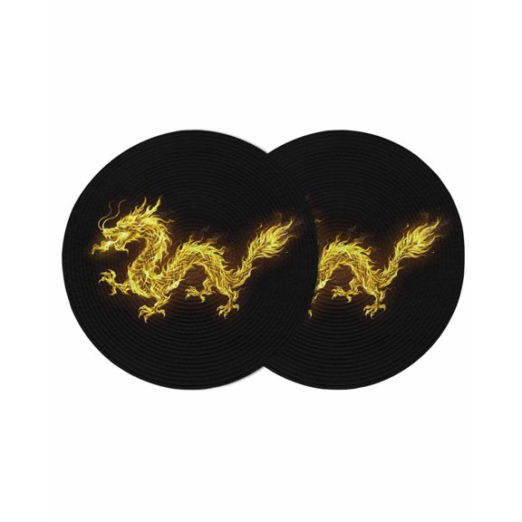 Dragon Flames Round 13 Inch Placemats Set of 2, Yellow Dragons Abstract Modern Art HeatResistant Non Slip Place Mats for Dining Table, Wipeable Braided Kitchen Table Mats for Housewarming