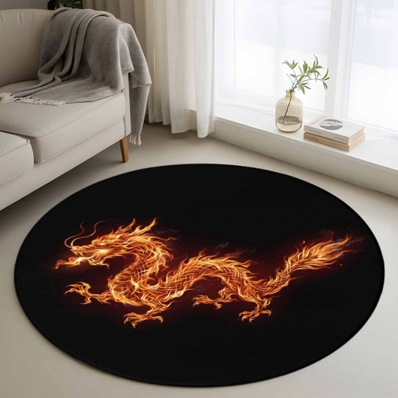Dragon Flames Round Area Rug 3Ft Washable Small Circle Rugs for Kitchen Entryway, Orange Dragons Abstract Modern Art Non-Slip Carpet Floor Mats Indoor Outdoor Carpet Runner Aesthetic Home Decor