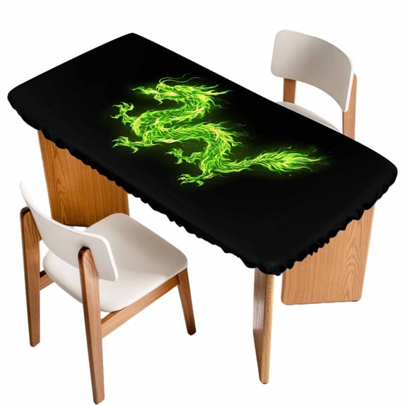 Dragon Flames Table Cloths for 5 Foot Rectangle Tables, Green Dragons Abstract Modern Art Patio Waterproof Elastic Fitted Tablecloths, Washable Rectangular Table Cover for Camping