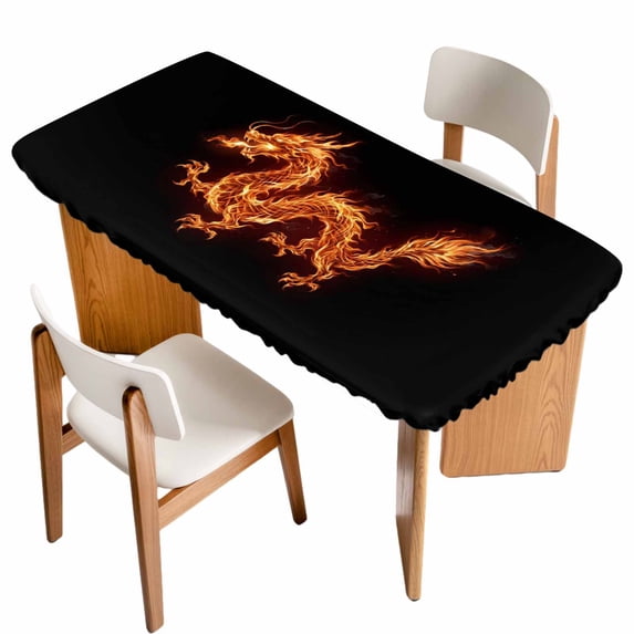 Dragon Flames Table Cloths for 5 Foot Rectangle Tables, Orange Dragons Abstract Modern Art Patio Waterproof Elastic Fitted Tablecloths, Washable Rectangular Table Cover for Camping