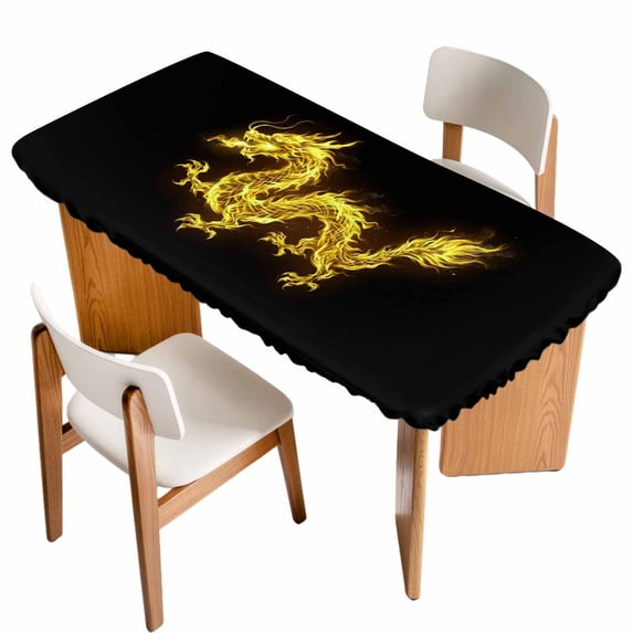 Dragon Flames Table Cloths for 6 Foot Rectangle Tables, Yellow Dragons Abstract Modern Art Patio Waterproof Elastic Fitted Tablecloths, Washable Rectangular Table Cover for Camping