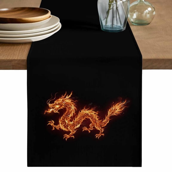 Dragon Flames Table Runner 48 Inches, Orange Dragons Abstract Modern Art Bed Runner Dresser Scarves Tabletop for Indoor Outdoor Parties/Ceremony/Banquet, 13" x 48"