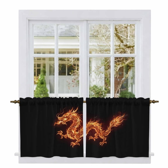 Dragon Flames Tier Curtains 24 Inch Length, Orange Dragons Abstract Modern Art Cafe Short Curtains for Bathroom Over Sink, Small Kitchen Curtain Light Filtering Tiered Drapes 2 Panels 27.5"Wx24"L