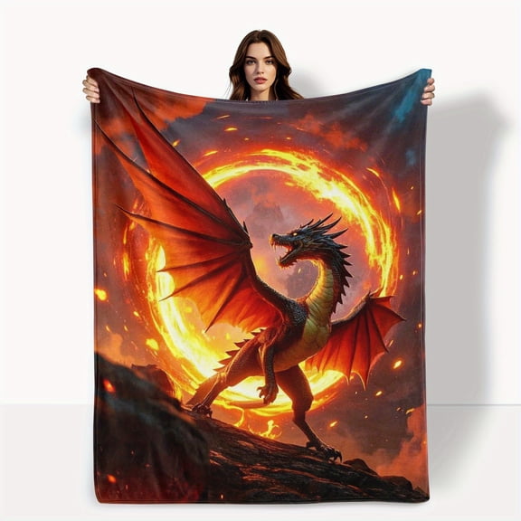 Dragon in Flaming Circle Throw Blanket - Mythical Rebirth & Power Design, 280gsm Super Soft & Warm, Anti-Pilling Machine Washable, 30x40 to 60x80 Inch, Contemporary Fantasy Decor for Couch, Bed, Chair