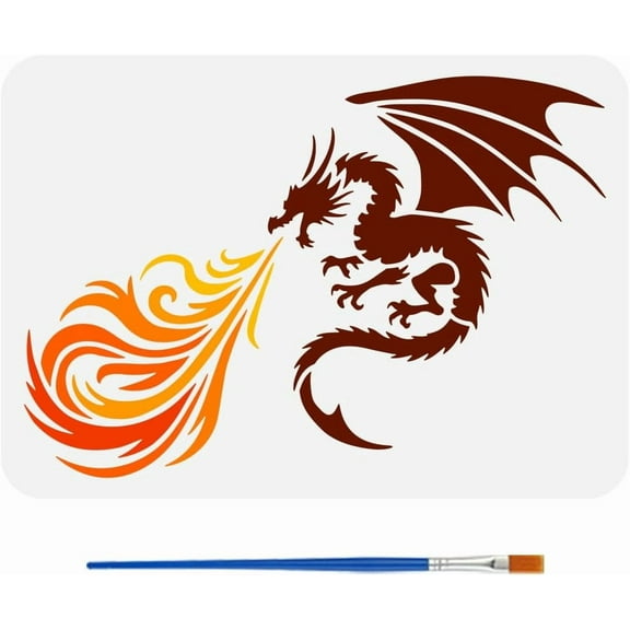 Dragon Flaming Painting Stencil with 1Pc Plastic Paint Brush 8.3x11.7inch Reusable Dragon Stencil