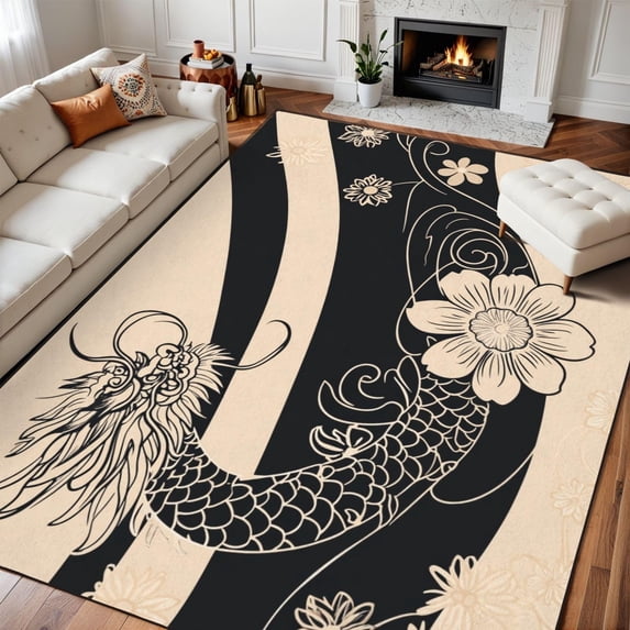 Dragon Floral Area Rug, Asian Traditional Pattern Carpet, Washable Non ...