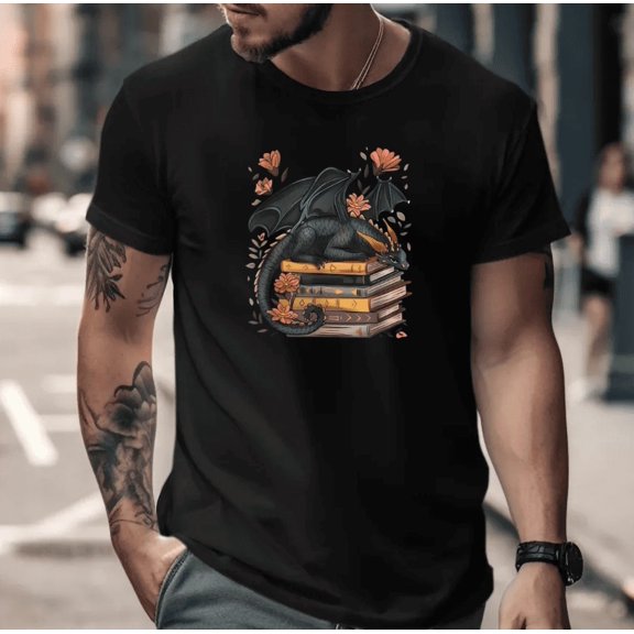 Dragon & Floral Fantasy Inspired Cartoon Illustration Fun Graphic Unisex T-Shirt, up to size 5XL