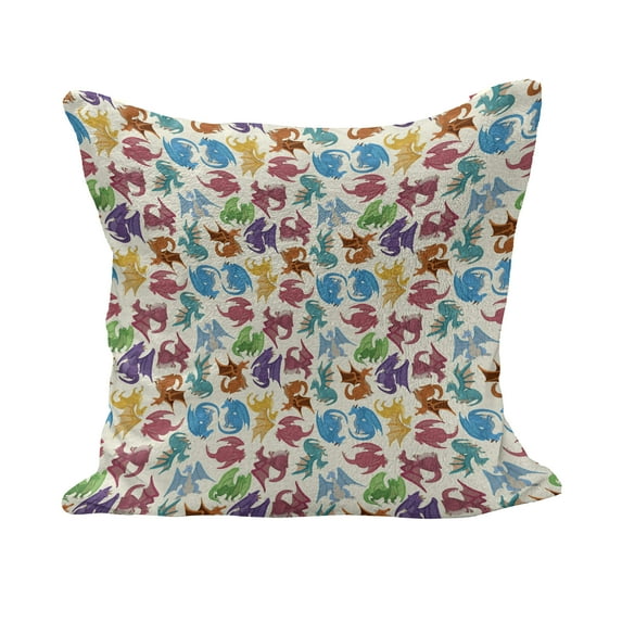 Dragon Fluffy Throw Pillow Cushion Cover, Cartoon Style Design for Animal Pattern Colorful Dragons Art Print, Decorative Square Accent Pillow Case, 28" x 28", Multicolor, by Ambesonne