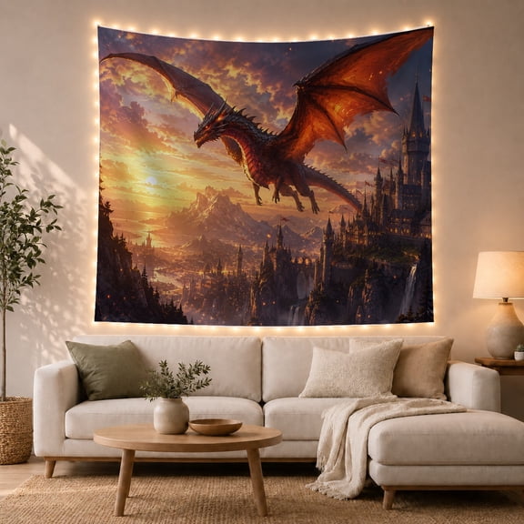 Dragon Flying Above a Castle Valley at Sunset, Adventurous Fantasy for Dragon Lovers, Kingdom Home Decor, Housewarming Gift Tapestry Wall Hanging for Bedroom and Den