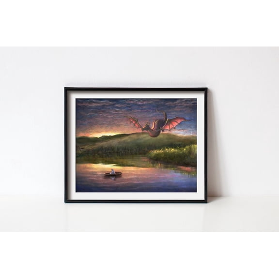 Dragon Flying Print - Meditation Prayer Painting - Zen Buddhist Wall Art - Mystical Medieval Sunset Landscape&nbsp; 16X24&nbsp; &nbsp;UNFRAMED