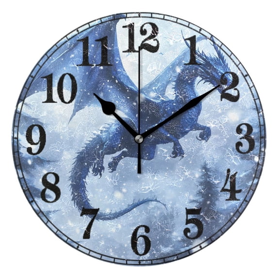 Dragon Flying in Winter Silent Wall Clock 10" Non-Ticking Battery Clock