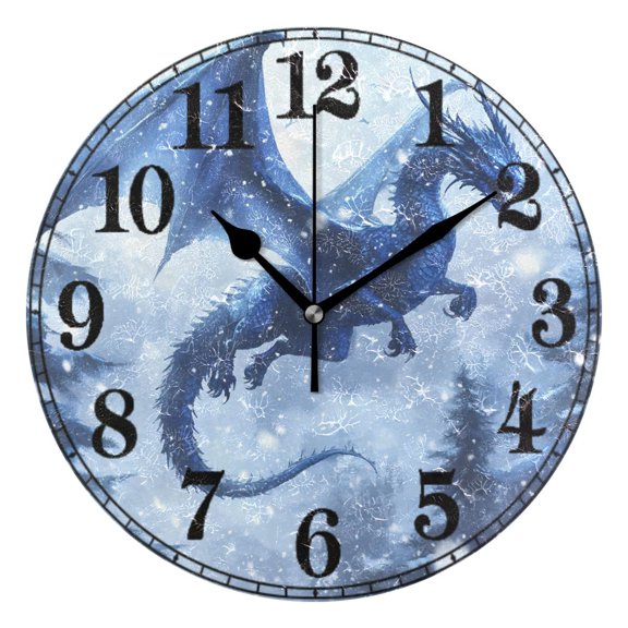Dragon Flying in Winter Silent Wall Clock 10" Non-Ticking Battery Clock