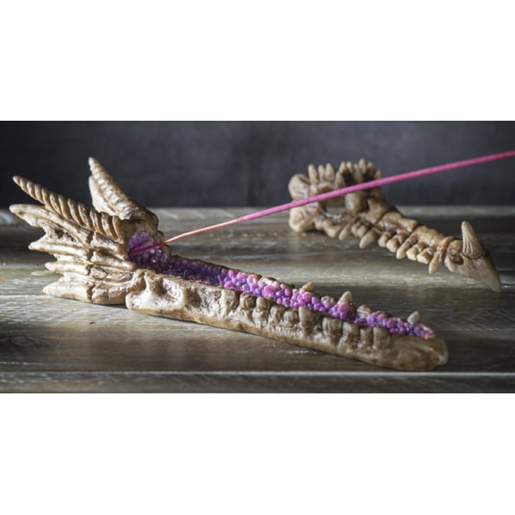 Dragon Fossil Skull Skeleton Incense Burner Box With Purple Faux Crystal Geode