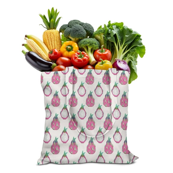 Dragon Fruit Canvas Tote Bag Tropical Exotic Fruit Pattern Print Design Aesthetic Pink Red White Pitaya Lover Art Illustration Cartoon Reusable Eco-Friendly Lightweight Foldable Shopping Bag