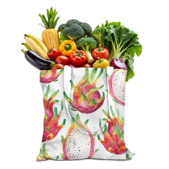 Dragon Fruit Canvas Tote Bag Tropical Exotic Fruit Pattern Print Design Aesthetic Pink Red White Pitaya Lover Art Illustration Cartoon Reusable Eco-Friendly Lightweight Foldable Shopping Bag