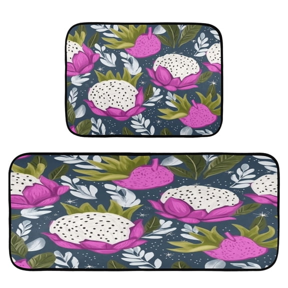 Dragon Fruit Pattern 2-Piece Kitchen Carpet Mat Set, Non-Slip Memory Foam, Soft for Kitchen and Living Room Use