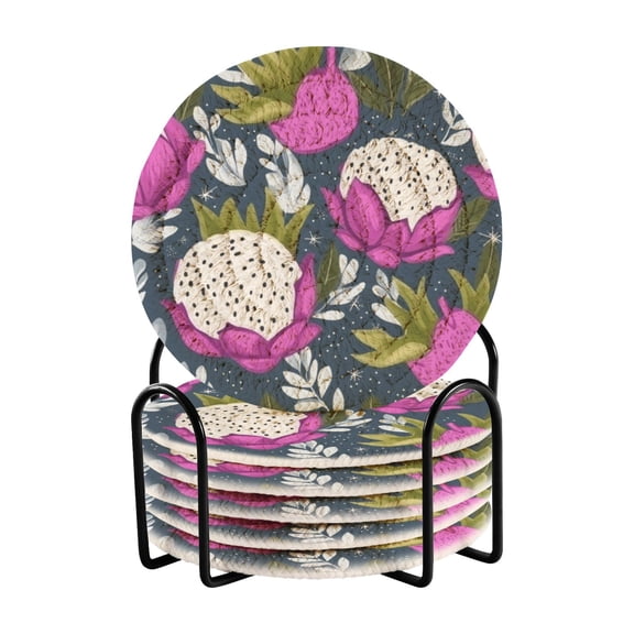 Dragon Fruit Pattern 4in Bar Coasters Set of 6 with Storage Rack Durable Heat Resistant