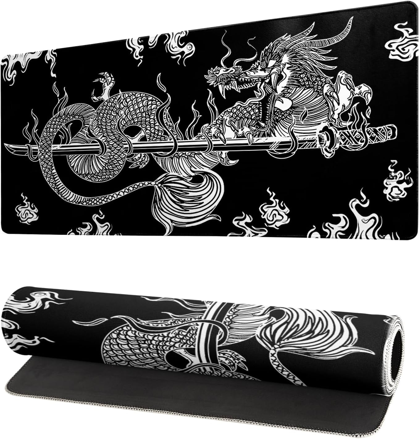 Dragon Gaming Mouse Pad Black Large Mouse Pad for Keyboard and Mousepad Desk Mat with 3mm Non-Slip Base and Stitched Edge for Gaming and Office Computer Mat Protector Mat 27.6x11.8 Inch