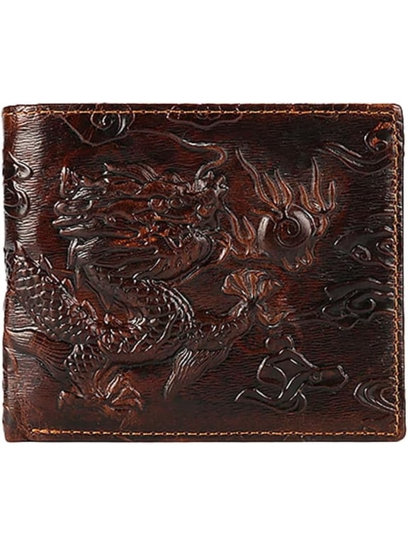 Dragon Genuine Leather Wallet for Men, 3D Engraved Vintage Bifold Design, Large Capacity Card Holder with Cash Compartment and ID Window