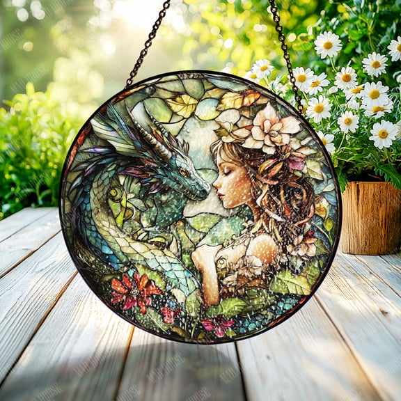 Dragon and Girl Stained Glass Window Decor, Fantasy Art Suncatcher, Handcrafted Mythical Creature Design, Vibrant Colors, Fairy Tale-Inspired Ornament, Car Hanging, Unique Wall Hanging Gift for Home