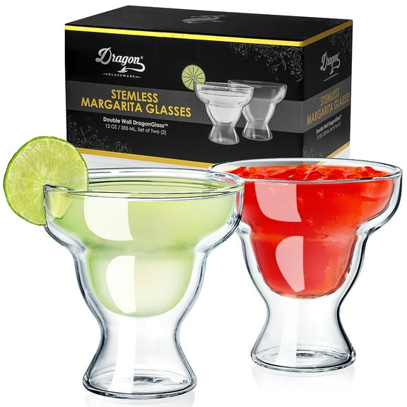 Dragon Glassware 12 oz Stemless Double Wall Insulated Margarita Glasses Clear Set of 2