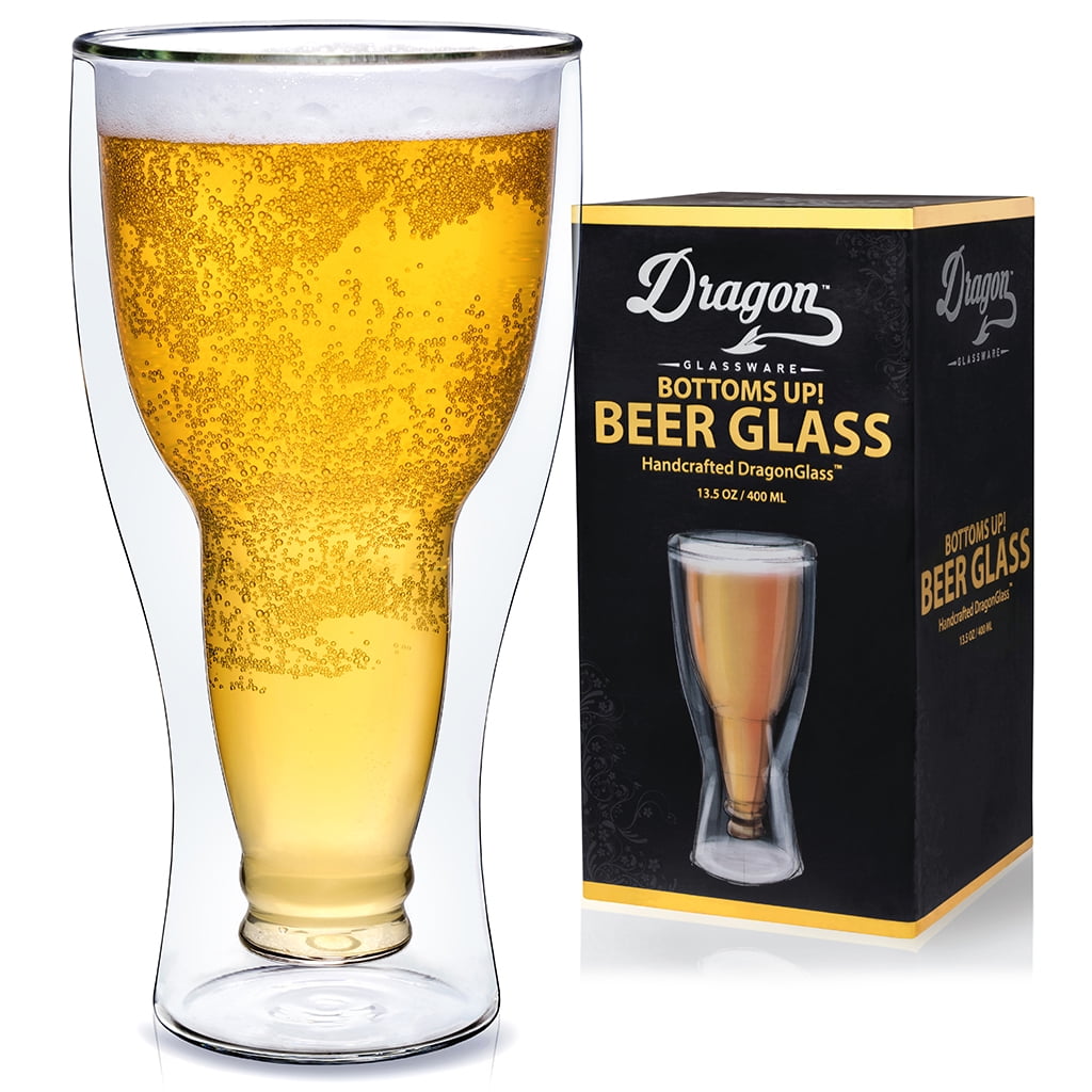 4-Pack Upside Down Beer Glasses – Double Walled Insulated Glass, 10 Oz, Novelty Bottle Design
